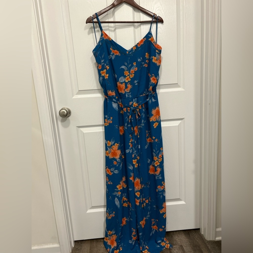 Skies Are Blue Floral Jumpsuit - Blue and Orange